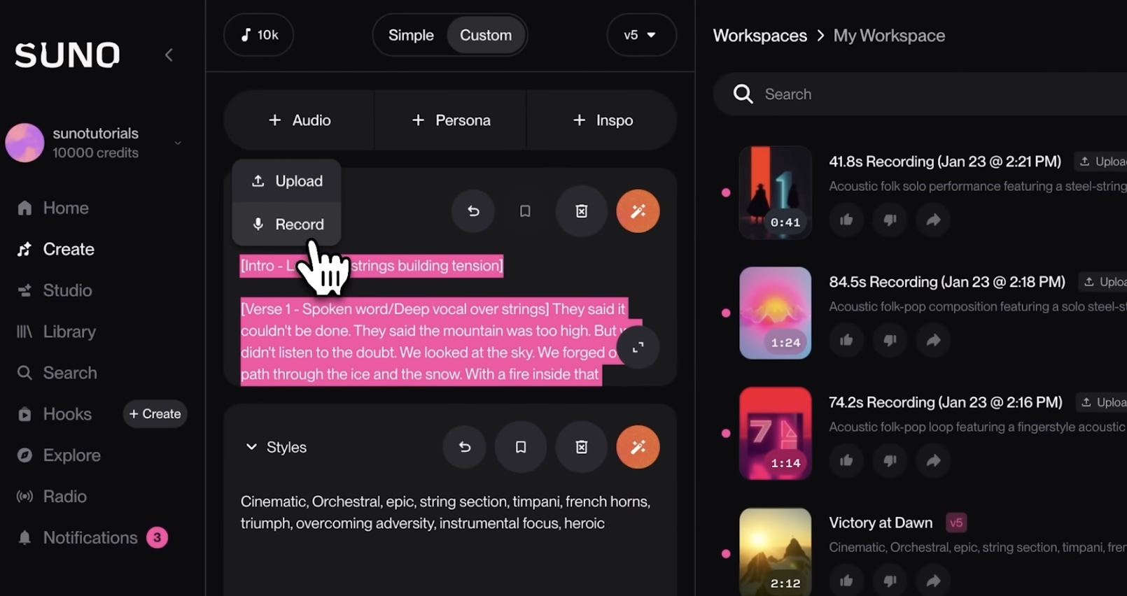 Suno interface showing Upload and Record buttons with lyrics input for music creation.
