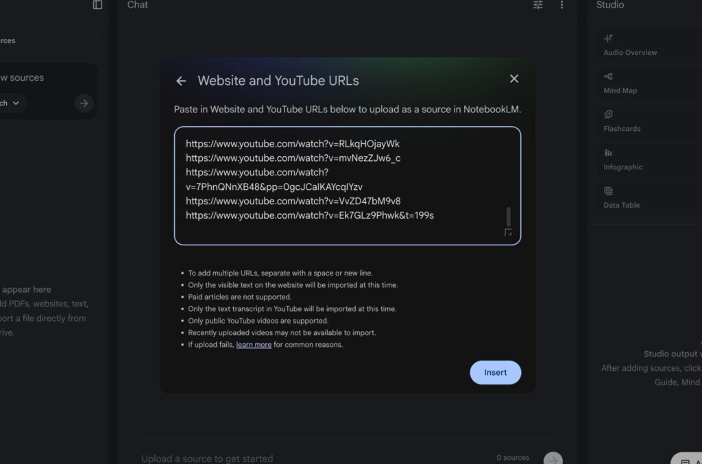 NotebookLM YouTube URL input dialog with multiple video links.