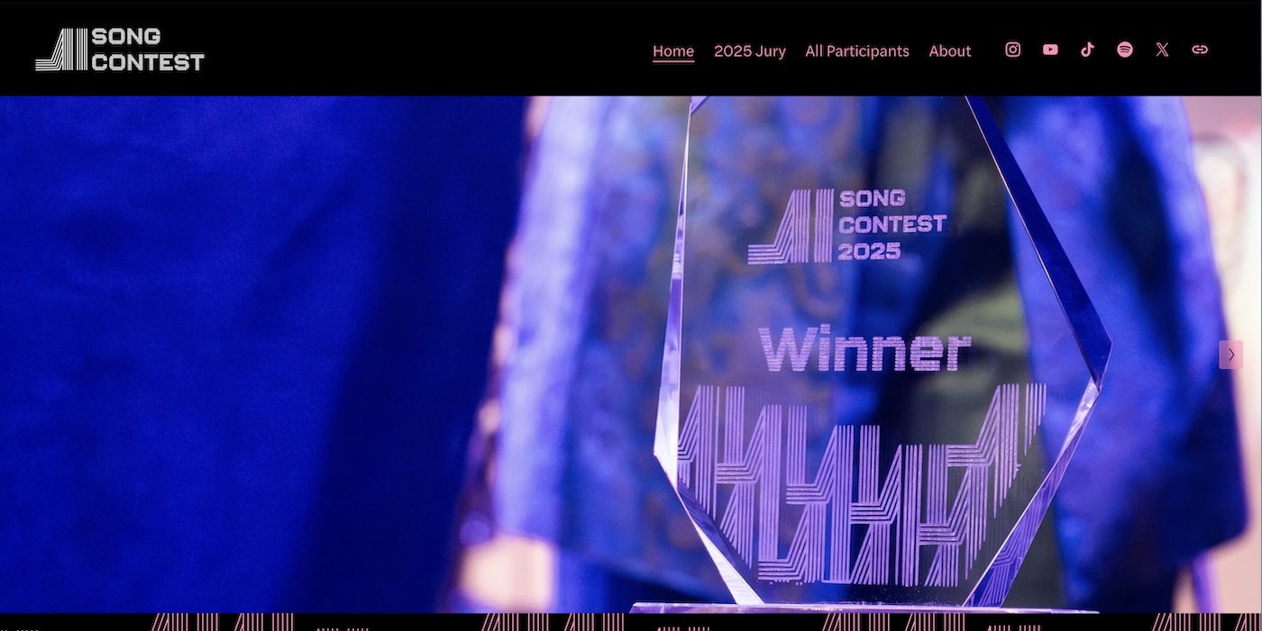 AI Song Contest 2025 website hero showing the crystal Winner trophy with the AI Song Contest logo and Home / 2025 Jury / All Participants / About navigation