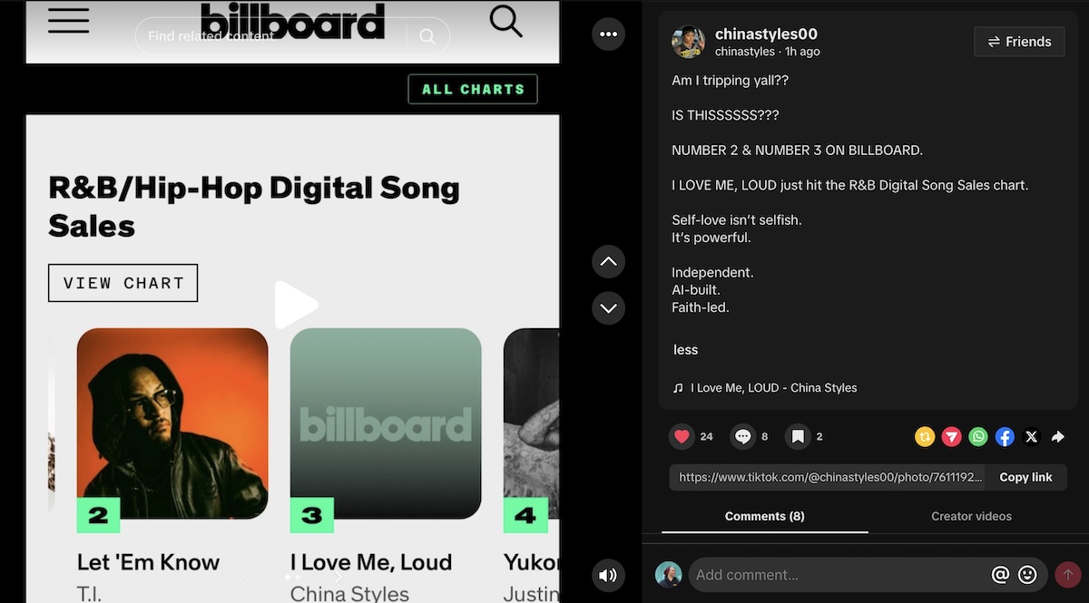 Billboard R&B Hip-Hop Digital Song Sales chart screenshot next to a TikTok post by chinastyles00 celebrating I Love Me, Loud hitting numbers 2 and 3