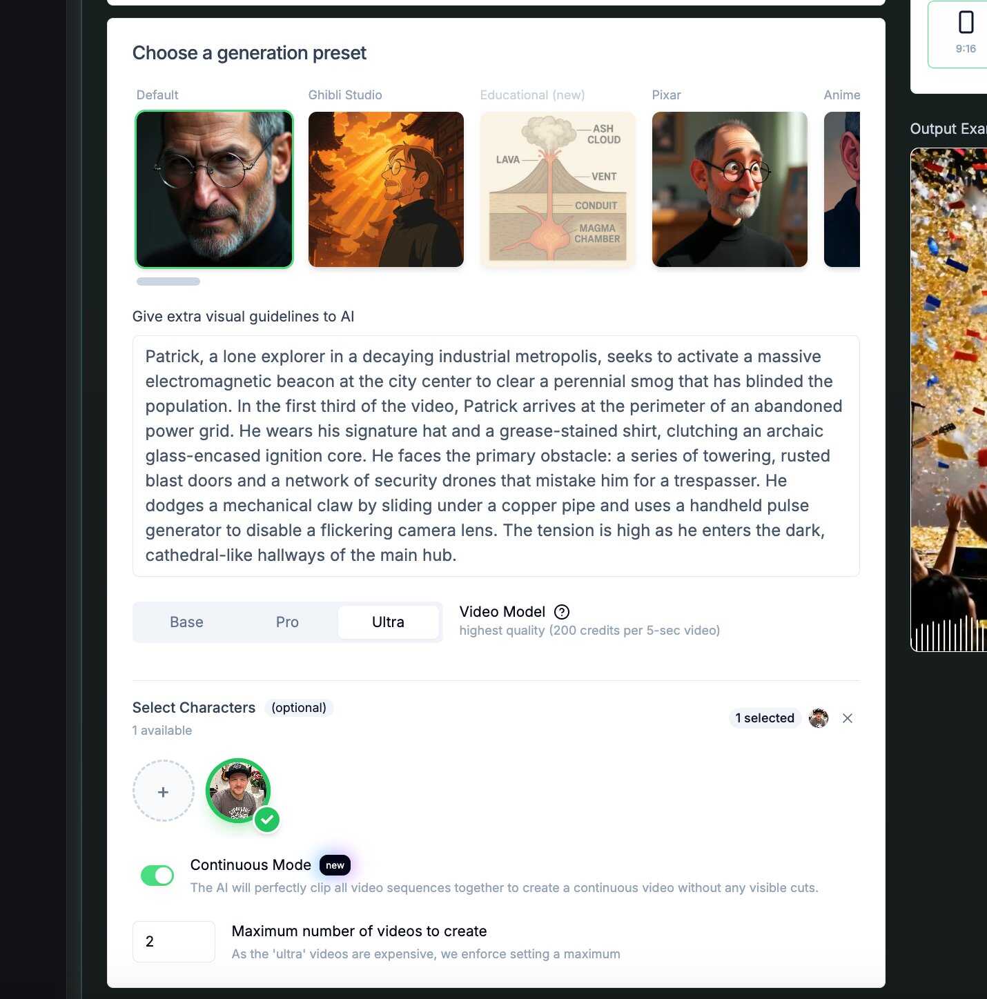 Generation preset selection with Default, Ghibli Studio, and Educational styles