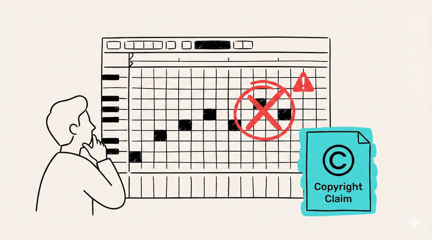 Sketch of a person looking at a DAW piano-roll with a red X over a chord progression and a teal Copyright Claim document overlay