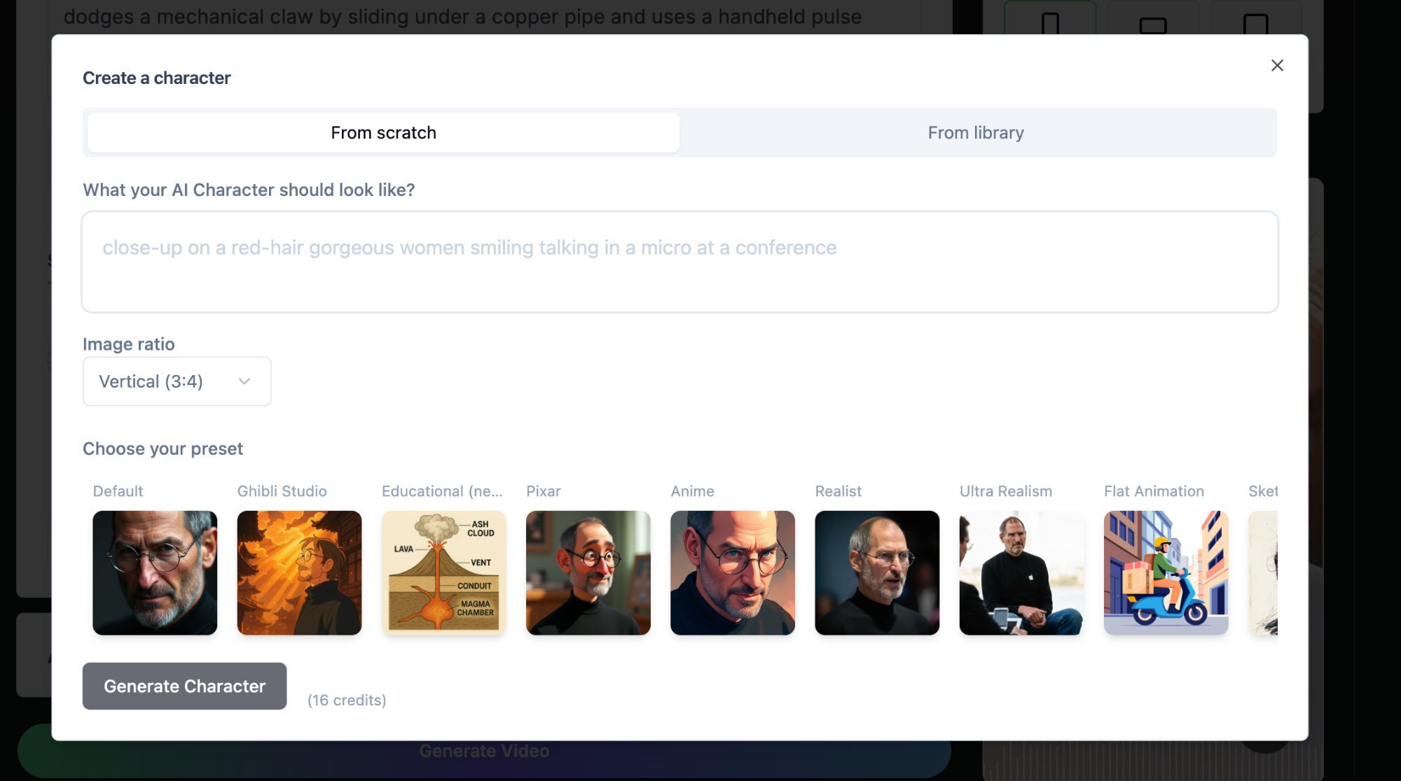 AI character creation interface with style presets and image ratio option