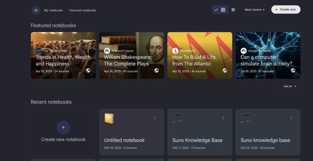 NotebookLM featured notebooks and recent notebooks interface.