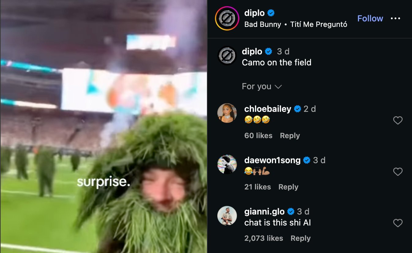 AI-generated video of person as bush on Super Bowl field captioned 'surprise' by Diplo.