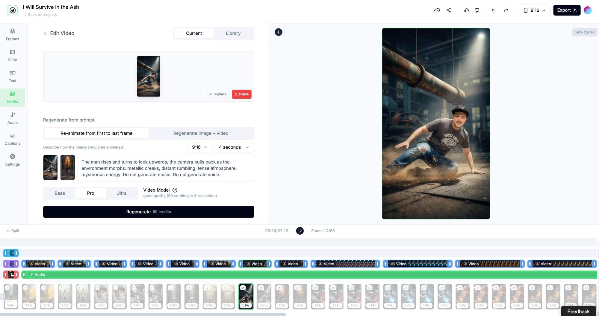 Video editing interface with timeline, preview, and regeneration controls