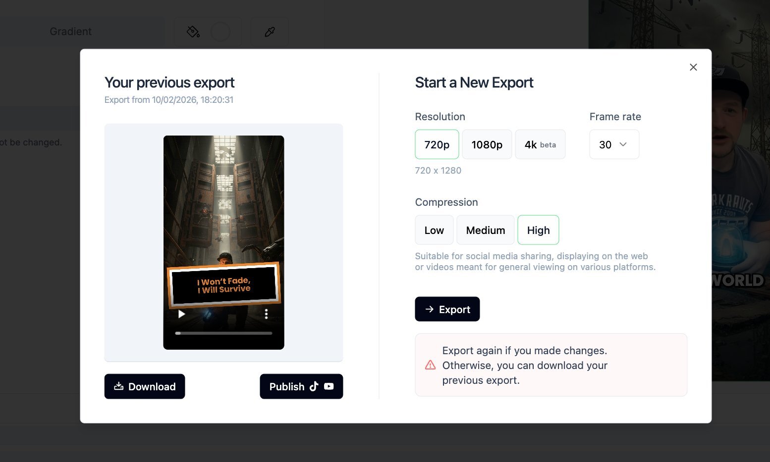 Video export dialog with resolution, frame rate, and compression options