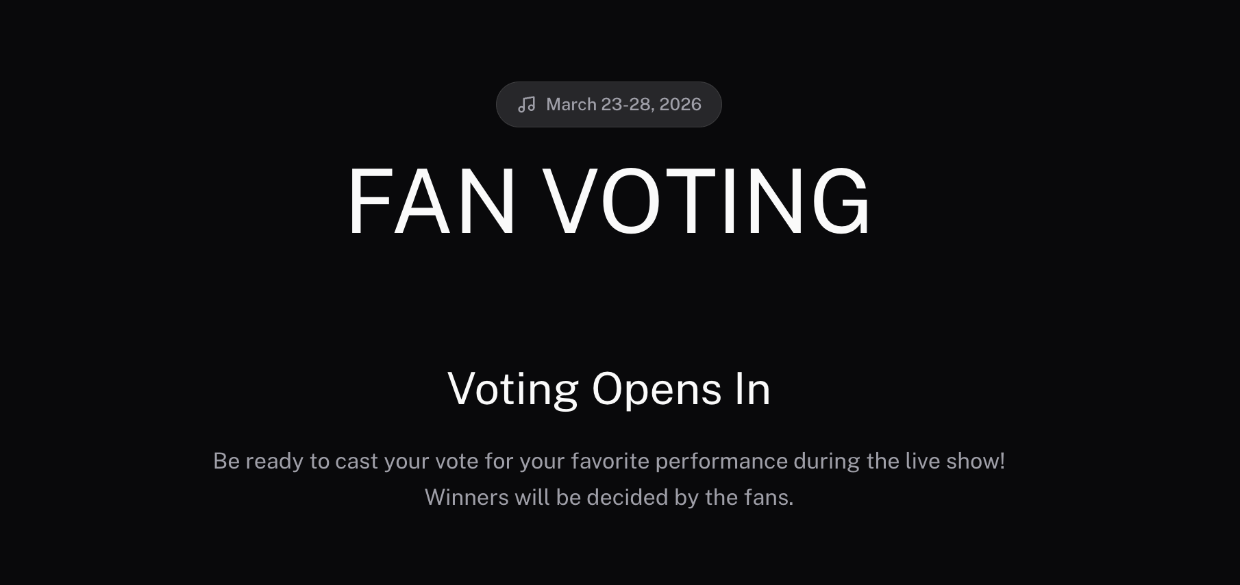 Fan Voting landing page for the Music City Make-A-Thon with March 23-28 2026 date badge and Voting Opens In countdown