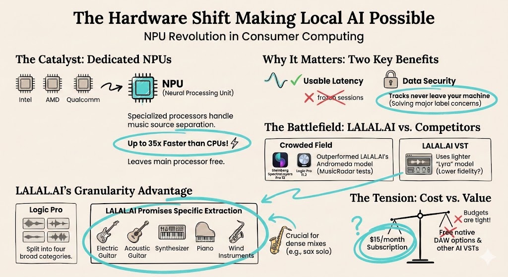 Infographic on NPU revolution enabling local AI, featuring LALAL.AI music separation capabilities.