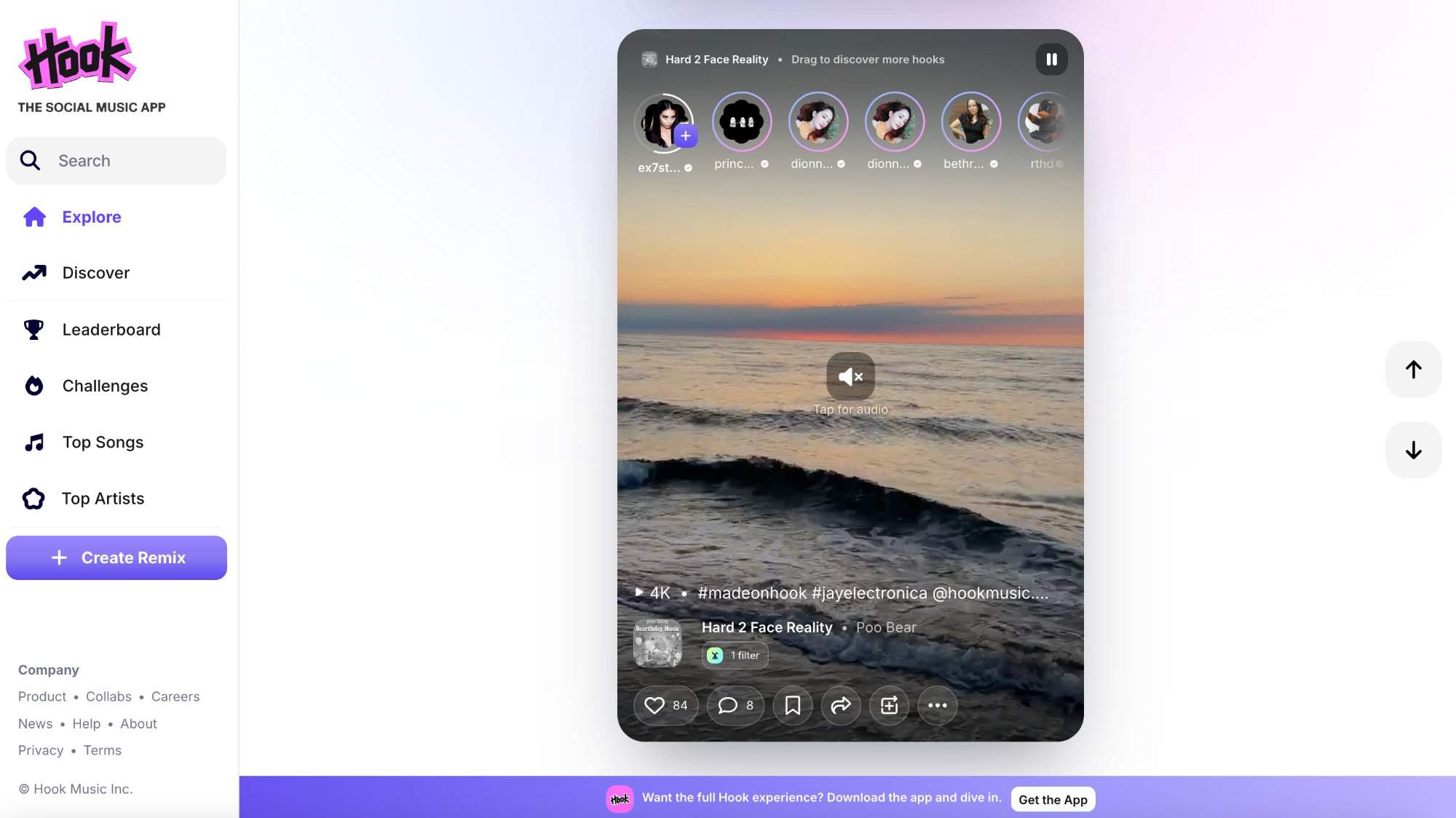 Hook social music app interface showing remix feature and ocean sunset video content.