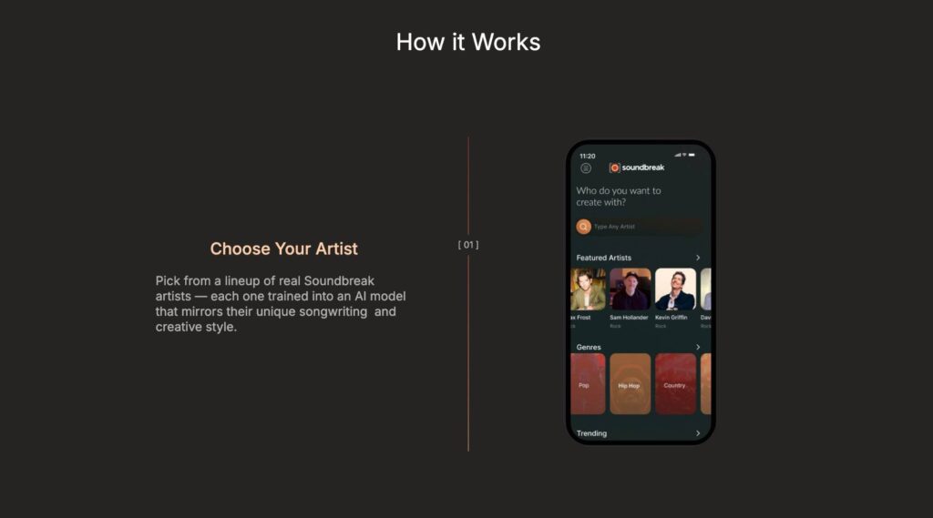 Soundbreak how it works: choose your artist screen with featured artists and genre selections.