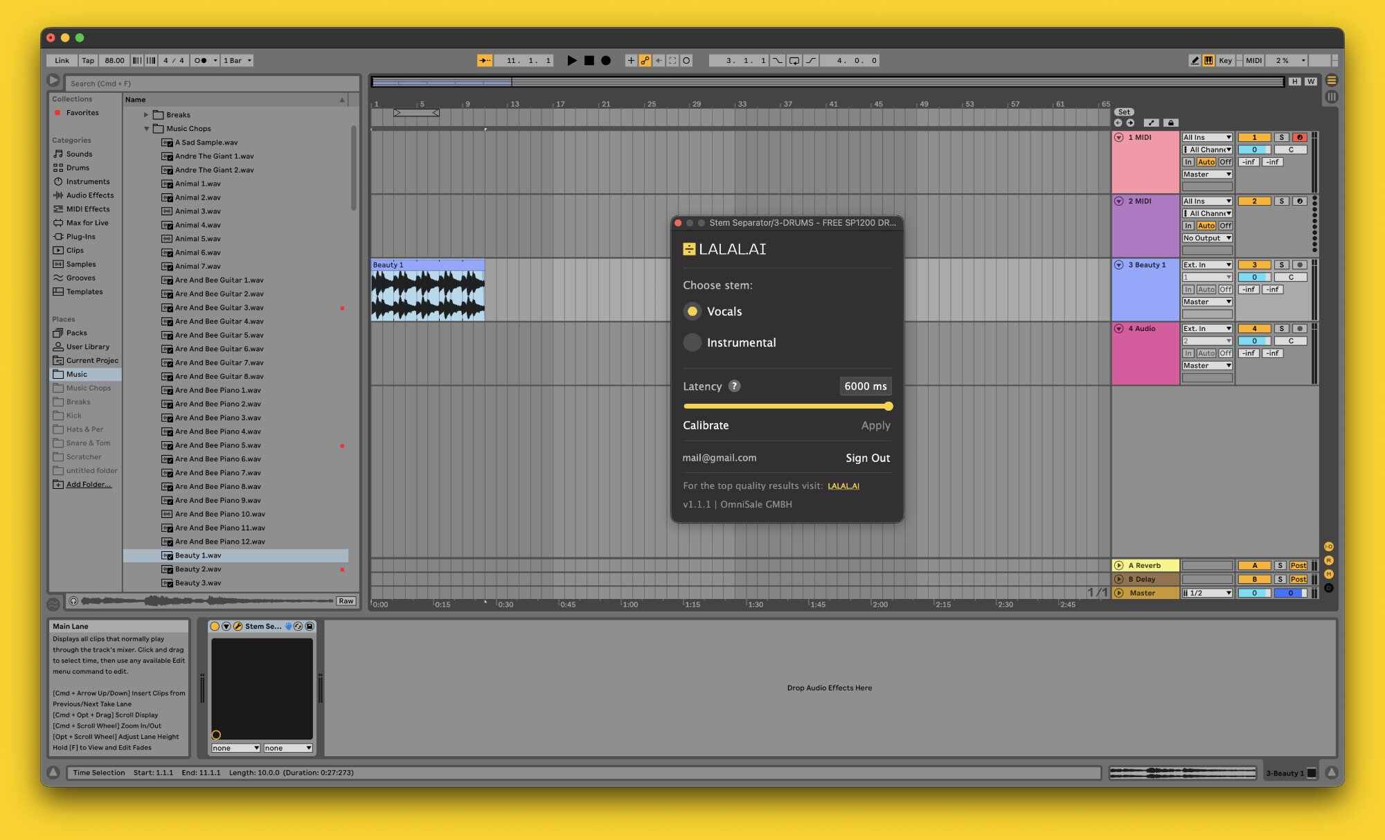 LALALAI VST plugin interface in DAW showing stem separator with vocals/instrumental selection options.
