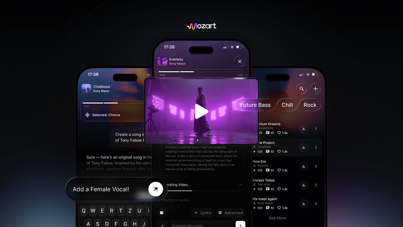 Mozart AI music creation app interface showing multiple phone screens with genre options.