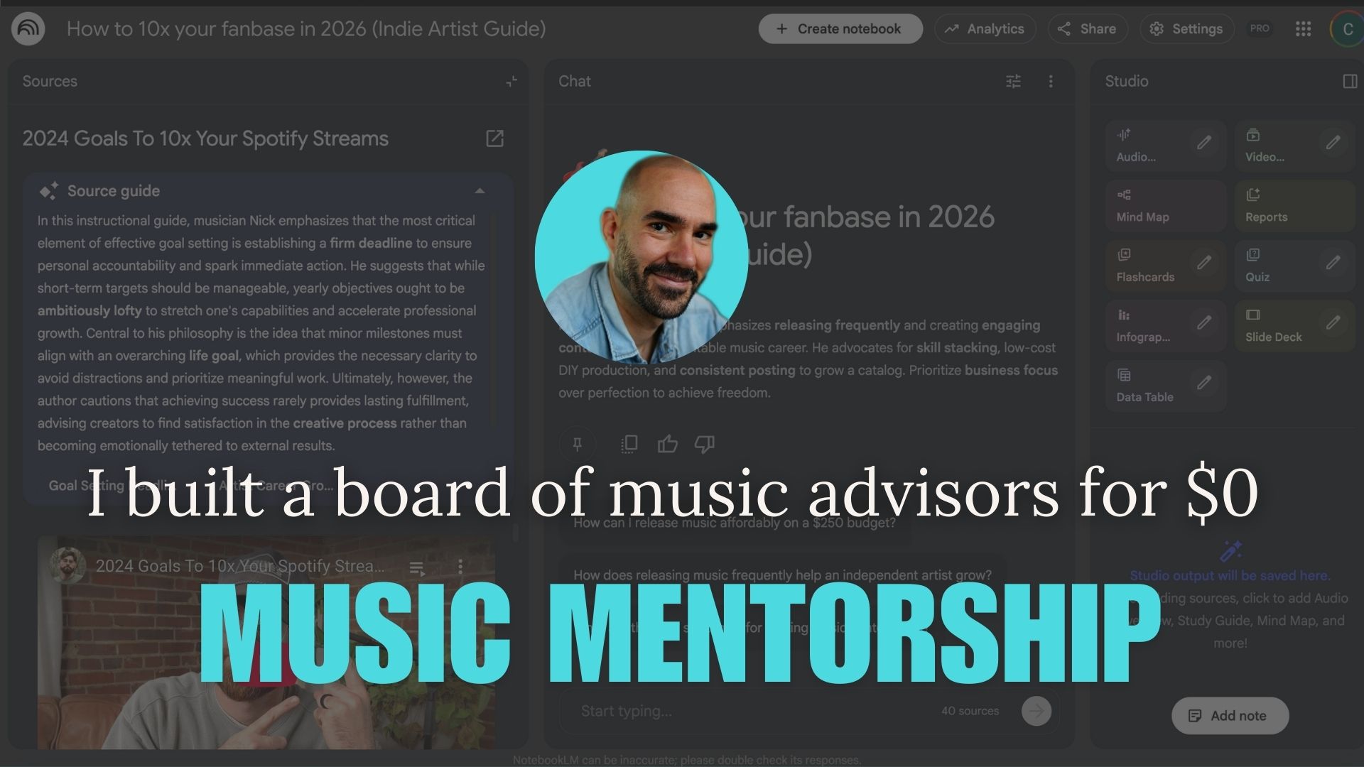 Screenshot of AI music mentorship tool with overlay text about building a board of advisors for $0.