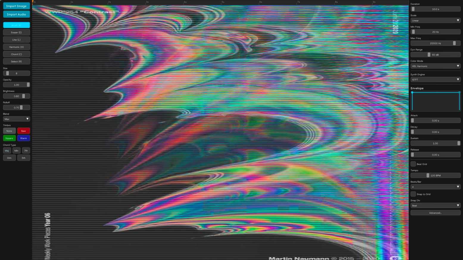 RoEx Phosphor spectral synthesizer interface showing colorful frequency canvas with controls.