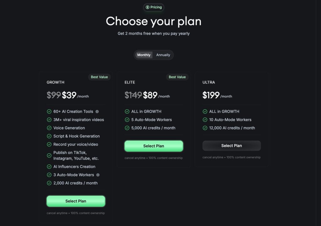 Monthly pricing plans: Growth at $39, Elite at $89, Ultra at $199