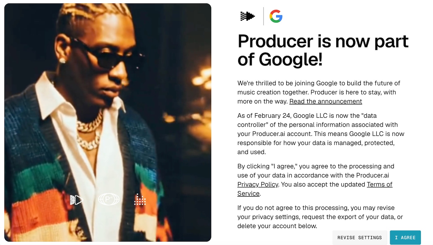 Google acquires Producer. Left: portrait with sunglasses. Right: privacy update with agree and revise.