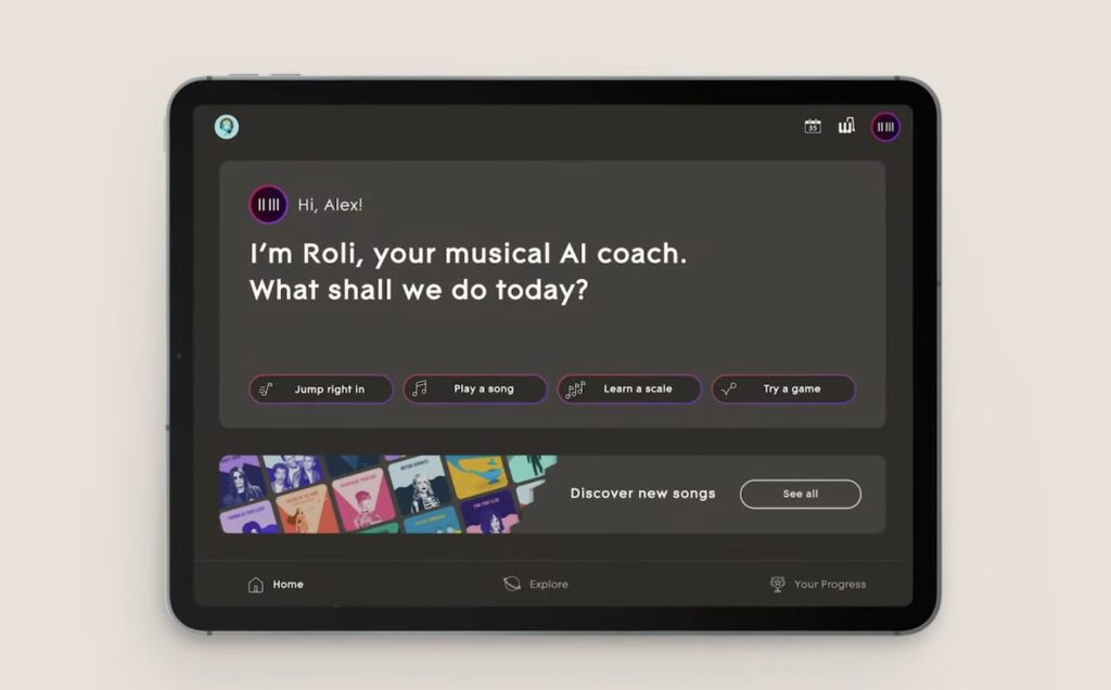 Roli AI music coach app interface showing lesson options and song discovery on tablet screen.