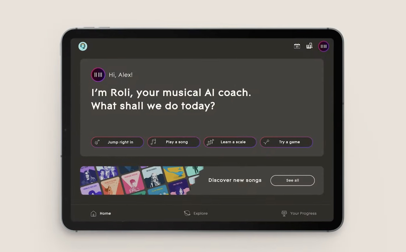 Roli AI music coach app interface showing lesson options and song discovery on tablet screen.