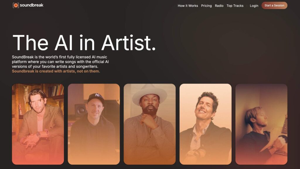Soundbreak AI music platform featuring licensed artist collaborations and creative songwriting.