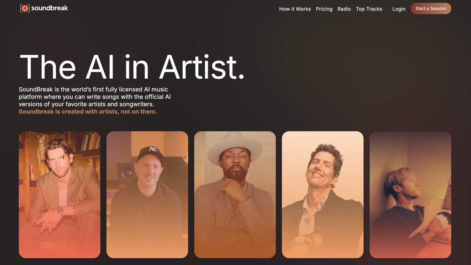 Soundbreak AI music platform featuring licensed artist collaborations and creative songwriting.