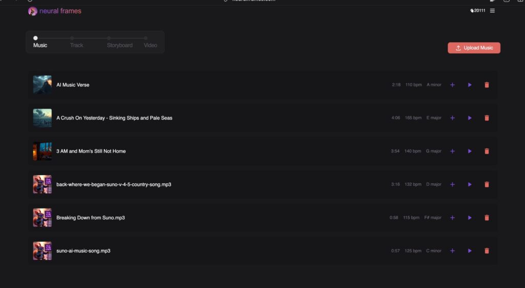 Neural Frames music upload interface with track list and upload button