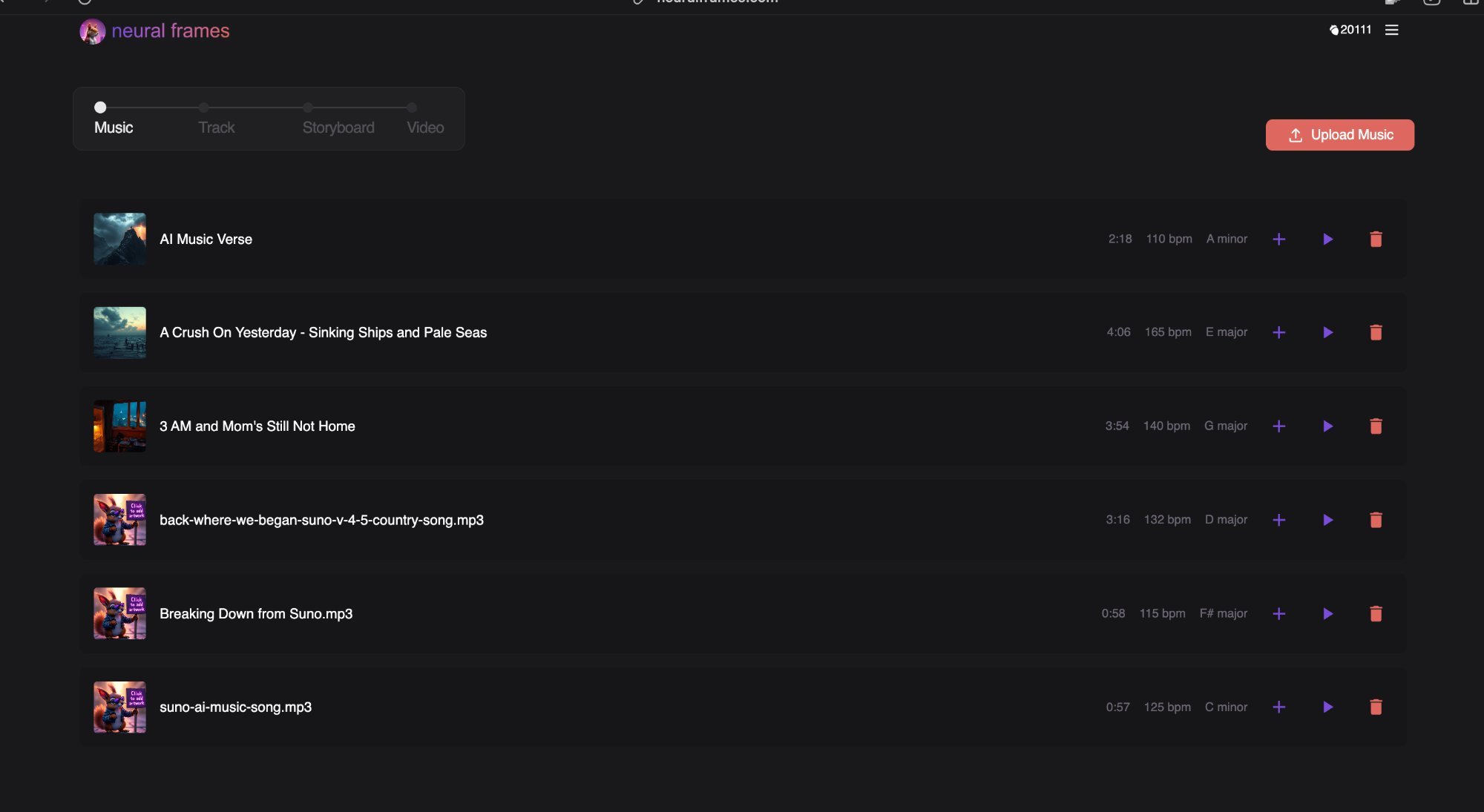 Neural Frames music upload interface with track list and upload button