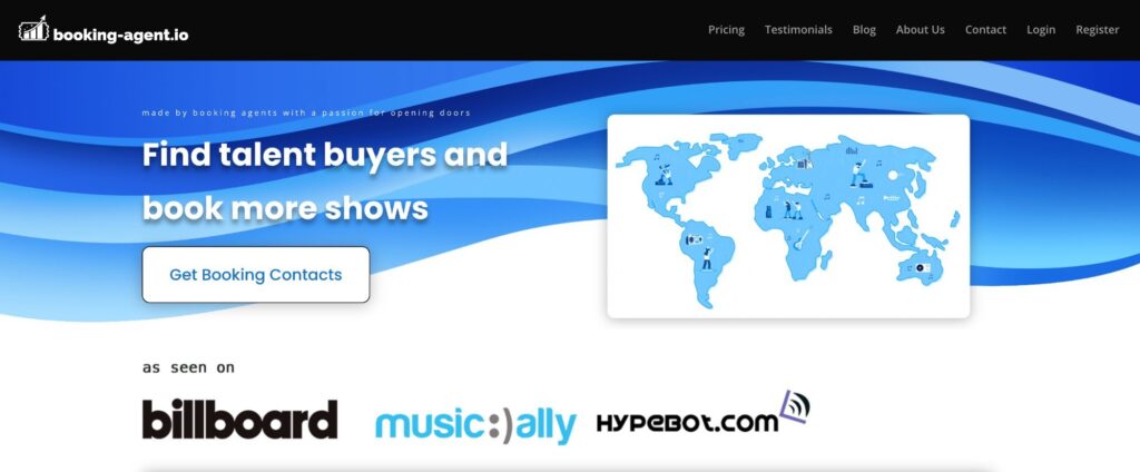 Booking Agent IO homepage with world map and talent buyer search.
