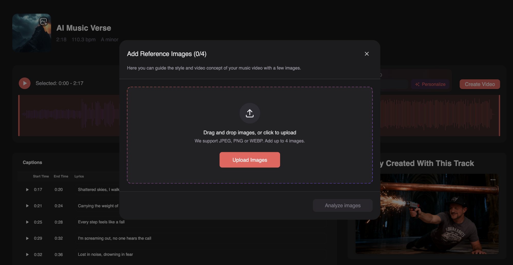 Neural Frames add reference images dialog for video concept guidance.