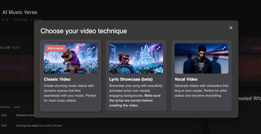 Video technique selection in Neural Frames with Classic Video, Lyric Showcase, Vocal Video.