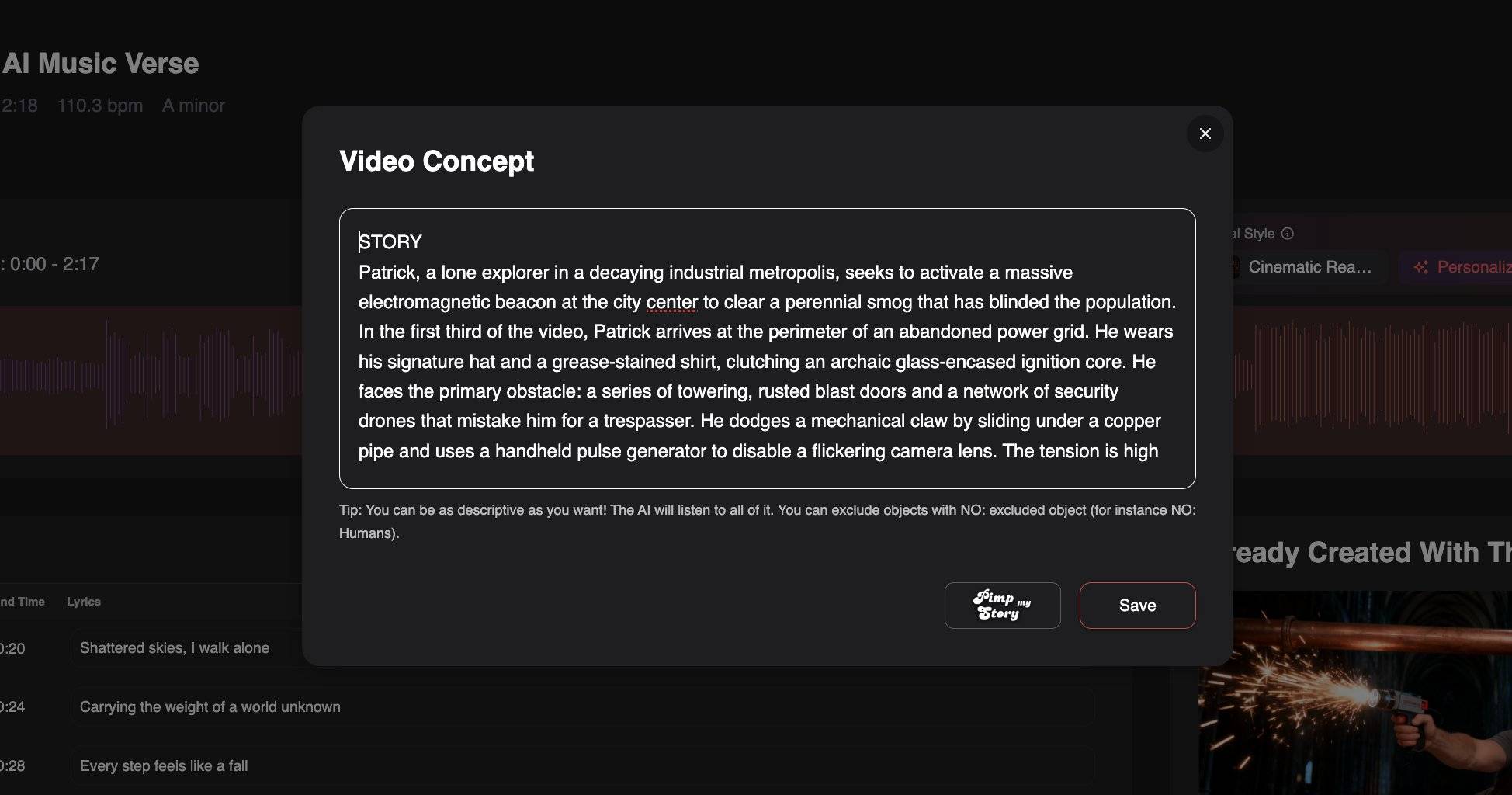 Neural Frames video concept input dialog for AI Music Verse story.
