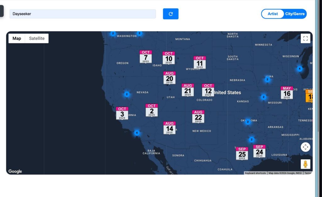 Dayseeker tour dates displayed on US map with calendar markers n Booking agent io.