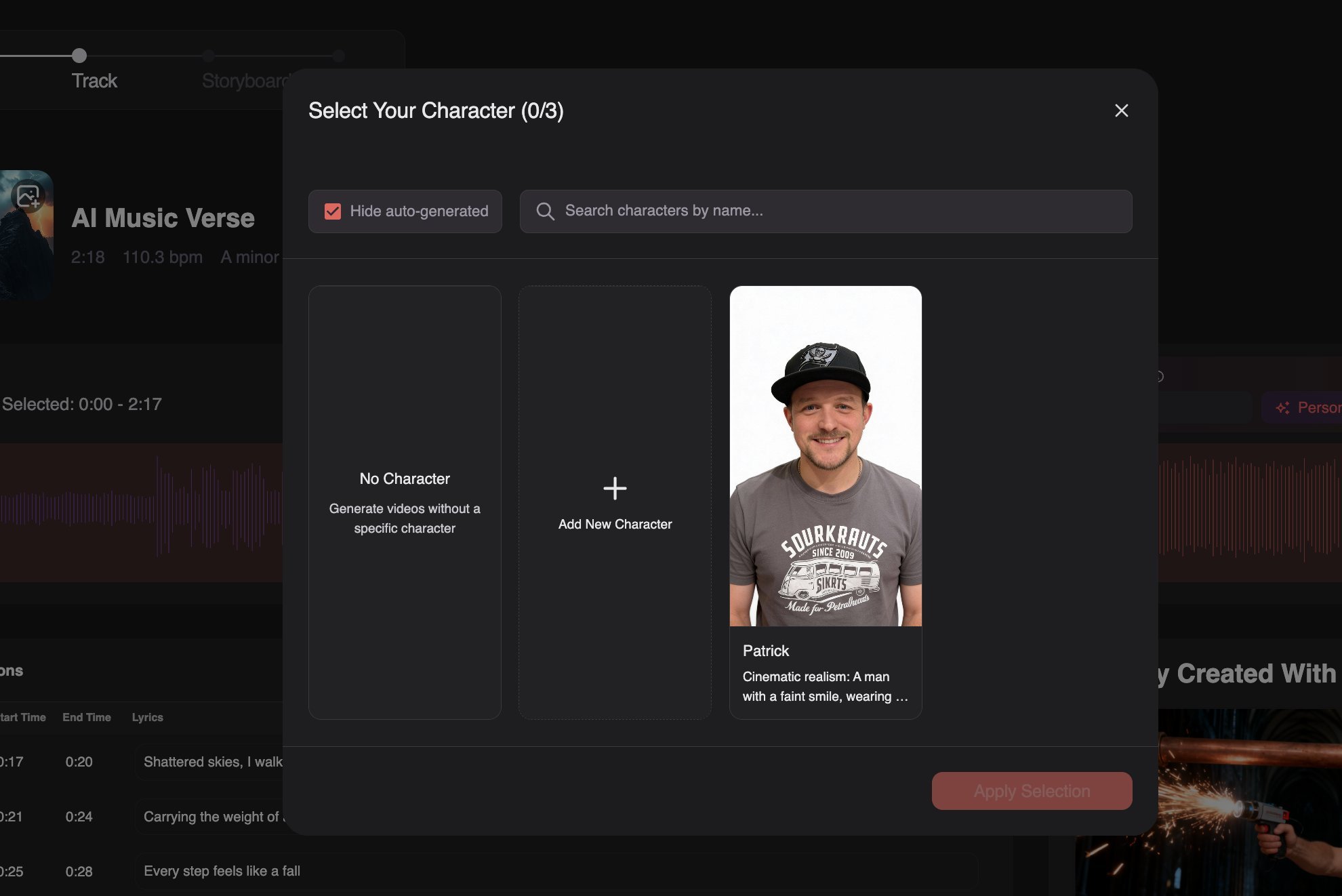 Neural Frames character upload interface with Patrick character profile.