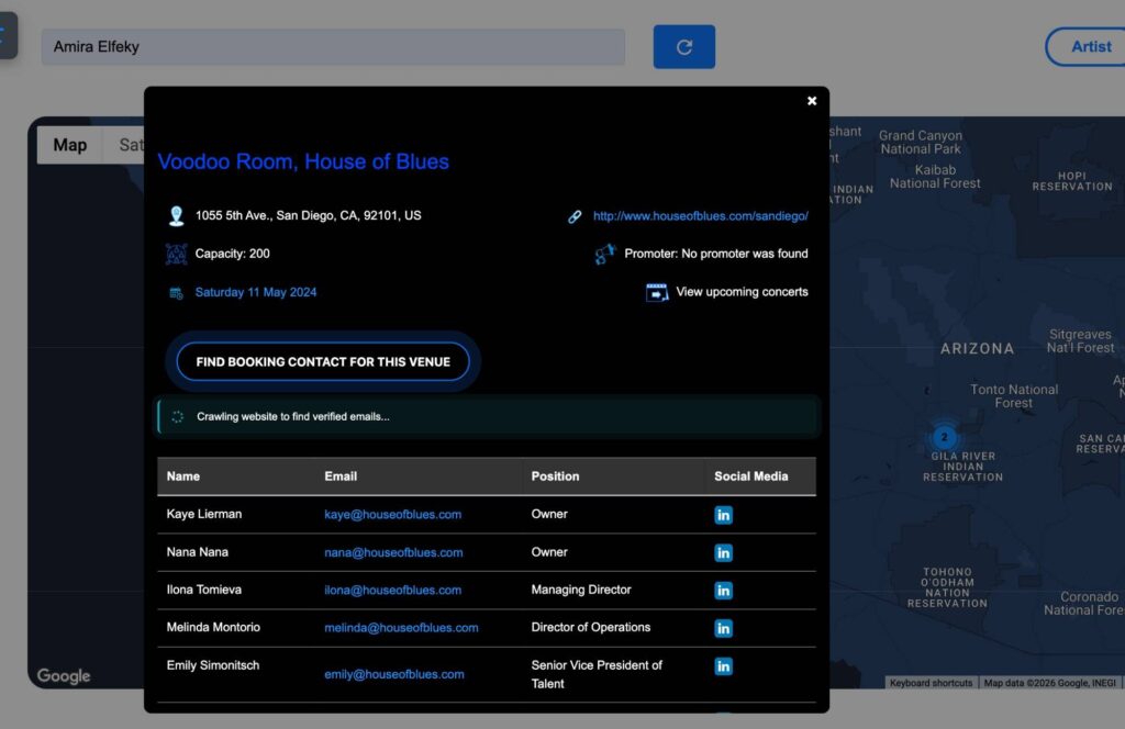 Voodoo Room venue contacts with emails and positions displayed n Booking agent io.