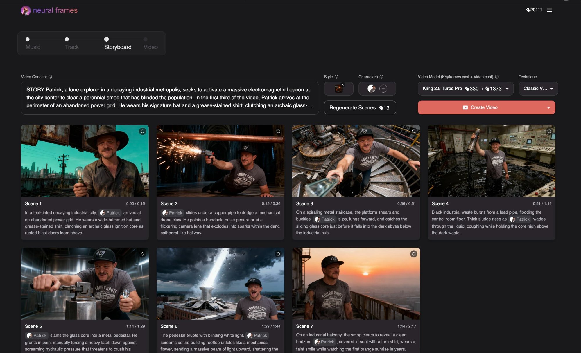 Neural Frames storyboard review showing 7 scenes for Patrick music video.