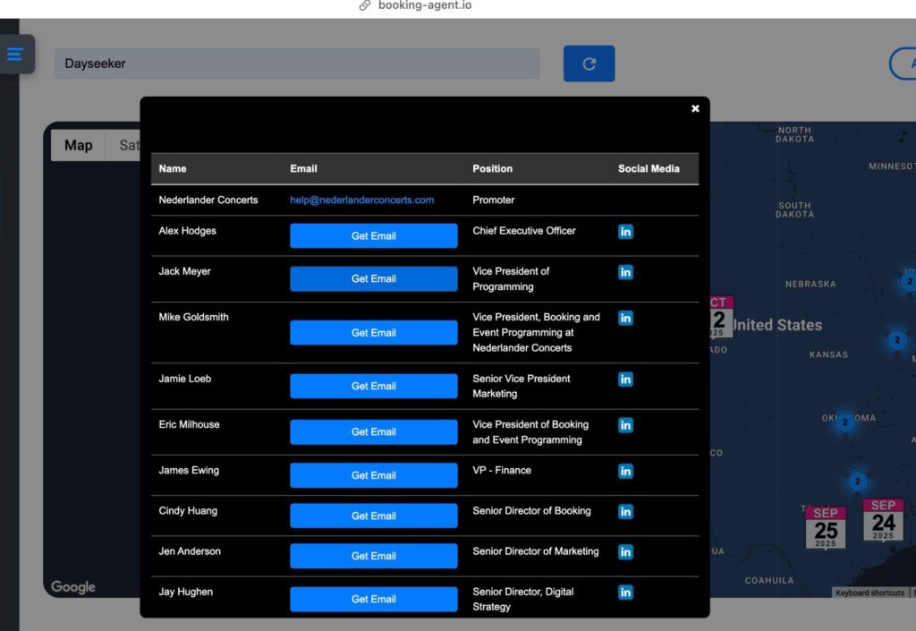 Nederlander Concerts promoter contacts with email unlock buttons in Booking agent io.