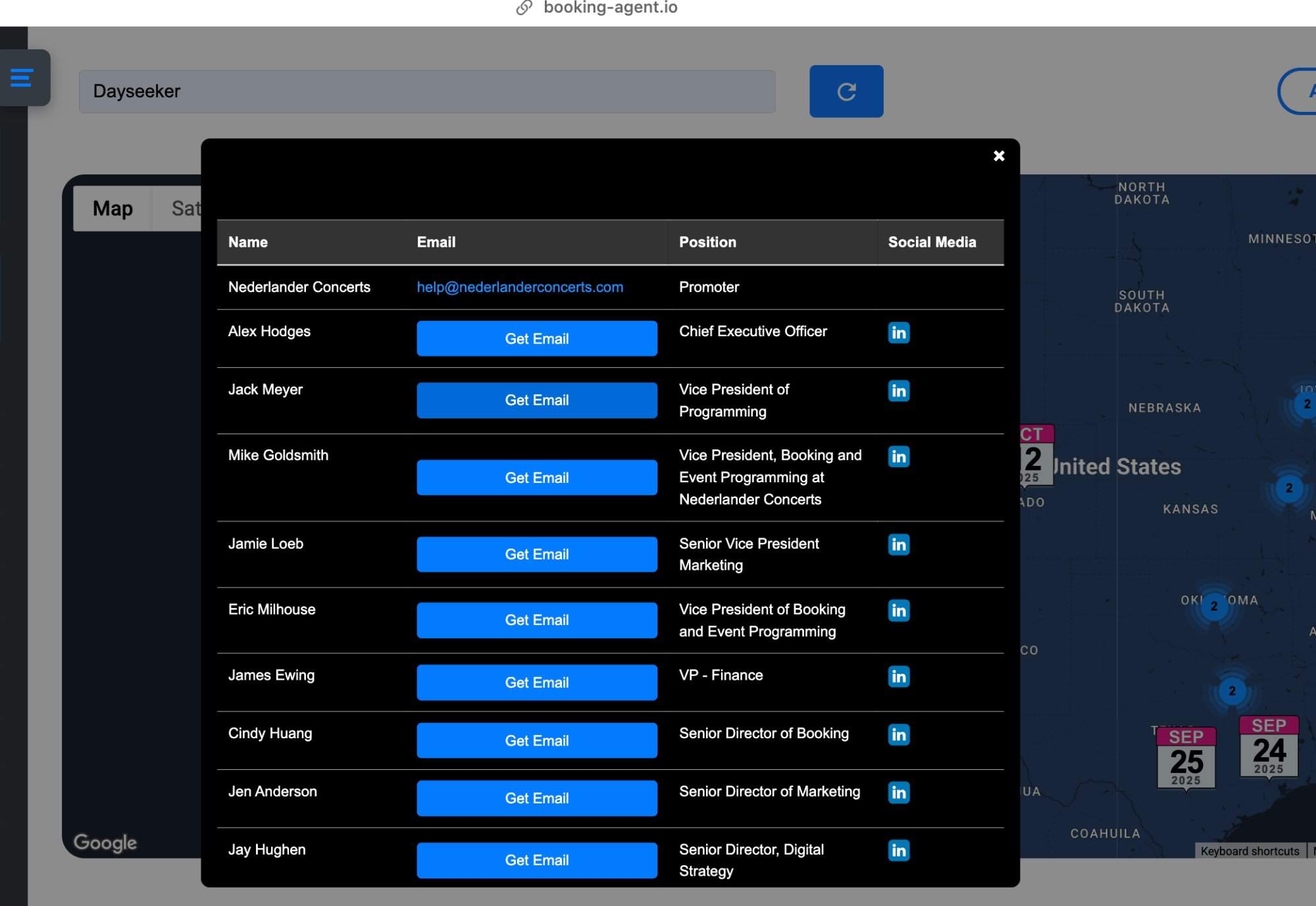 Nederlander Concerts promoter contacts with email unlock buttons in Booking agent io.