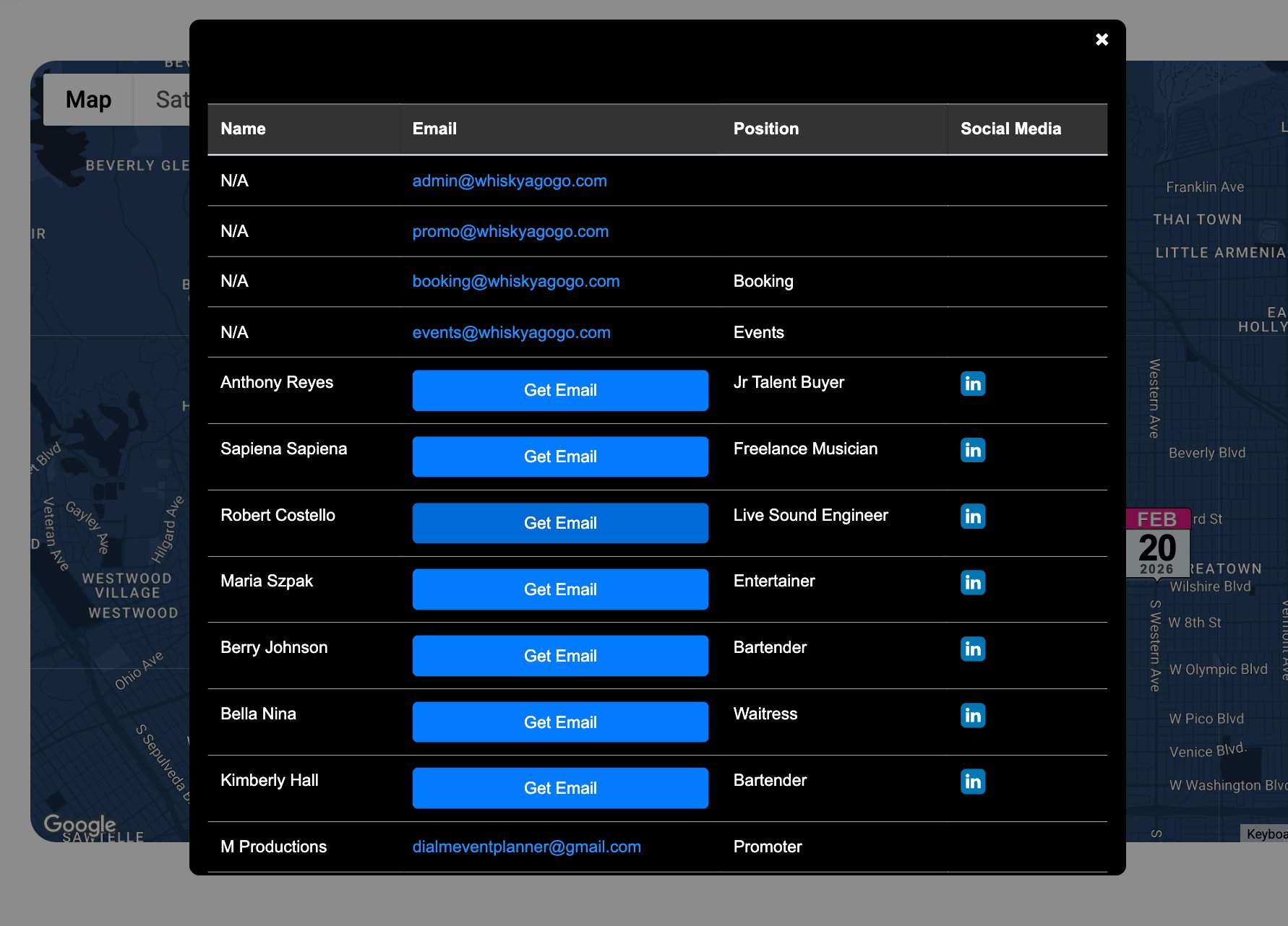 Whisky a Go Go staff contact list with roles and email options in Booking agent io.