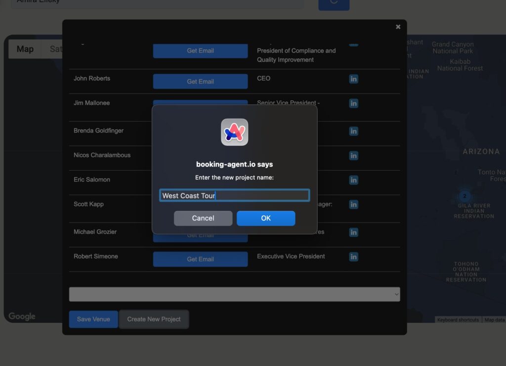 Create new project dialog box with West Coast Tour name entered in Booking agent io.