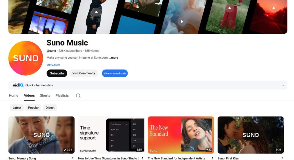 Suno Music YouTube channel page with 226K subscribers.