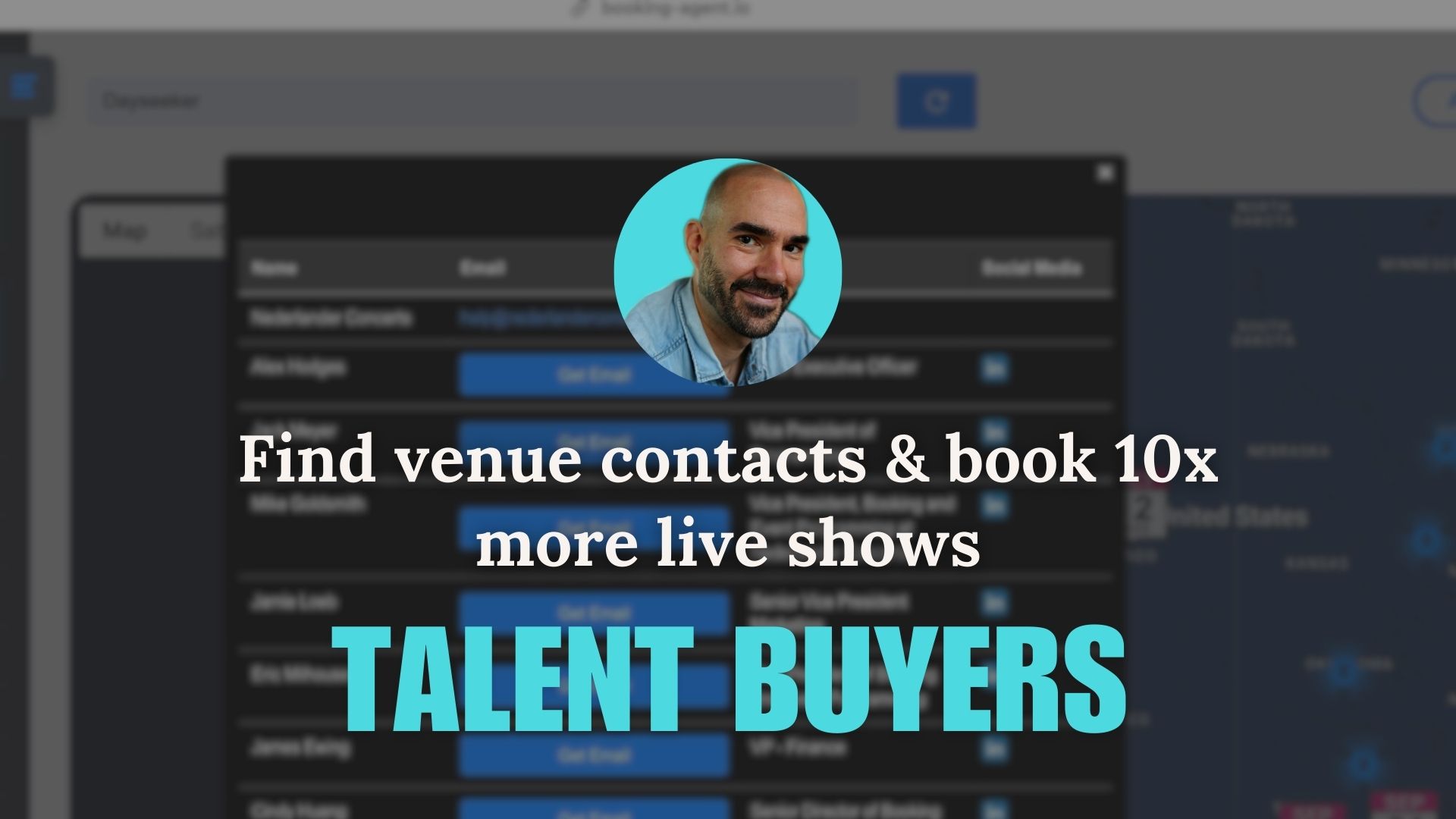 Talent Buyers platform interface showing venue contact database to book live music shows