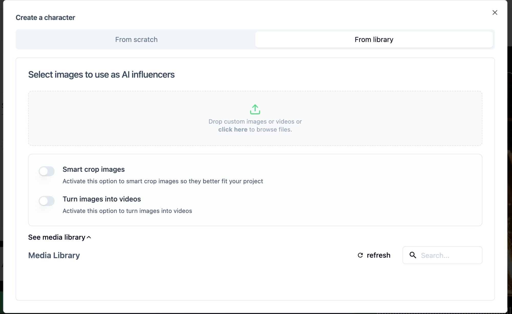 Character image upload interface with drag and drop area.