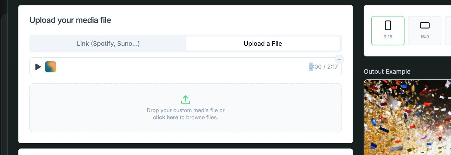 Media file upload screen with format options 9:16, 16:9, and 1:1