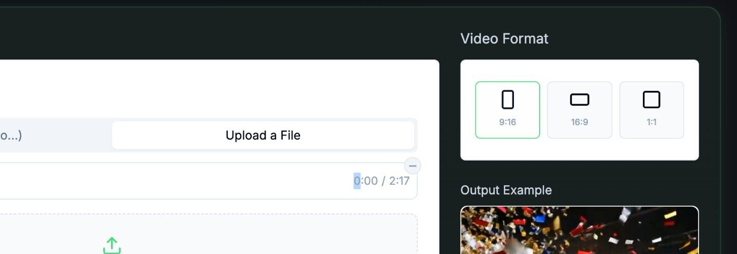 Media file upload screen with format options 9:16, 16:9, and 1:1