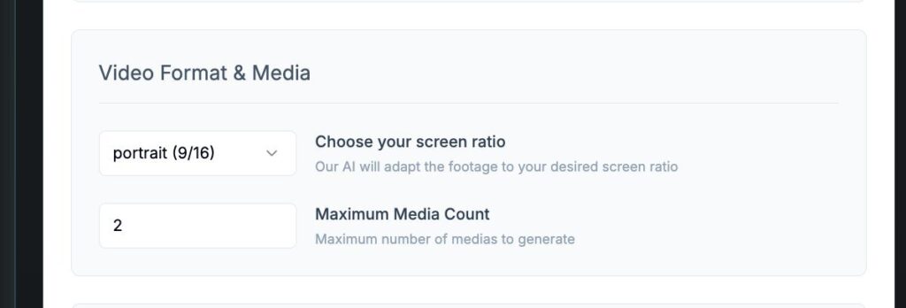 Video format settings with portrait 9/16 ratio and media count options