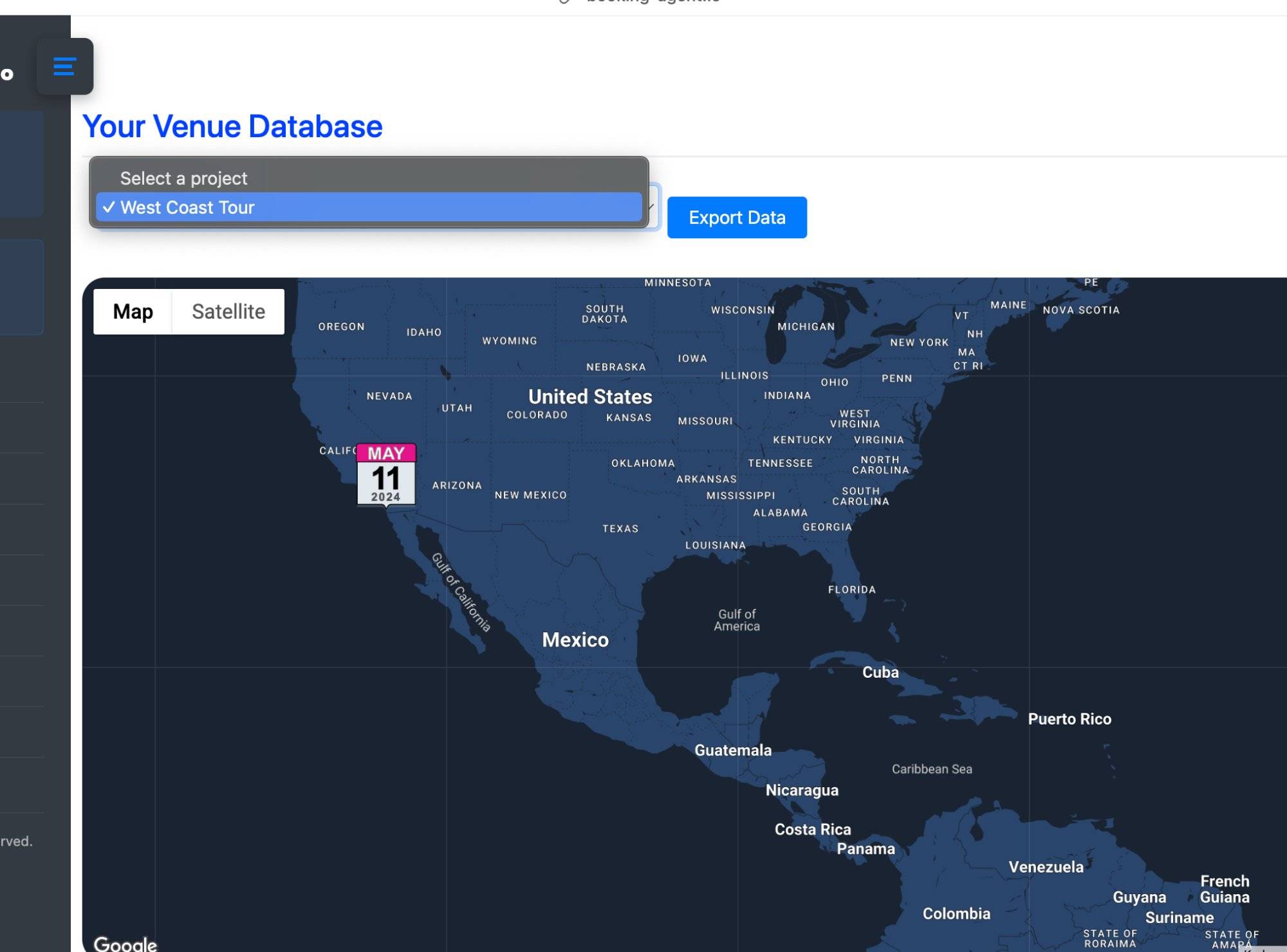 Venue database map showing West Coast Tour project with saved location in Booking agent io.