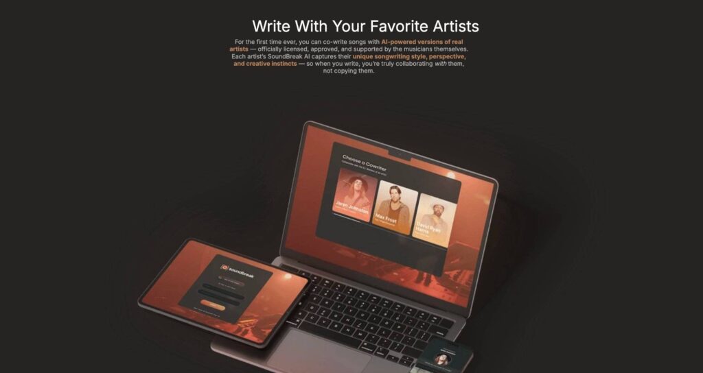 Write with favorite artists: Soundbreak AI cowriting interface on laptop and tablet with artists.