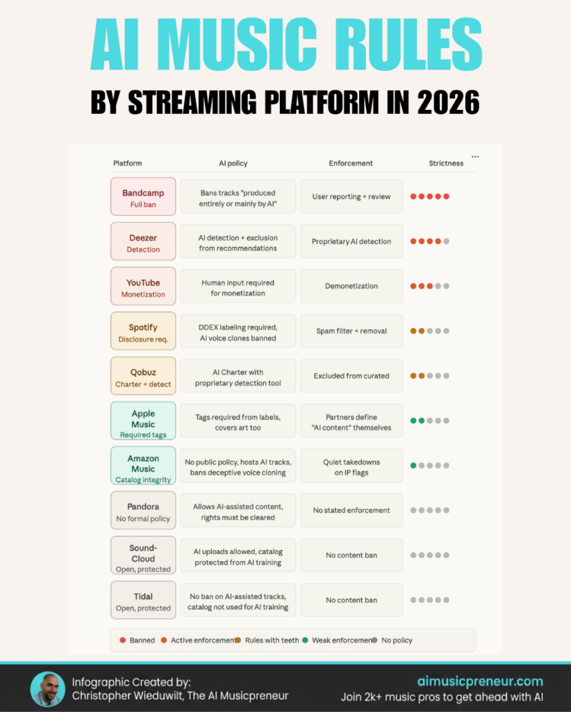 Streaming platform AI music policy comparison cheatsheet and infographic: Bandcamp, Deezer, YouTube, Spotify, Qobuz, Apple Music, SoundCloud.
