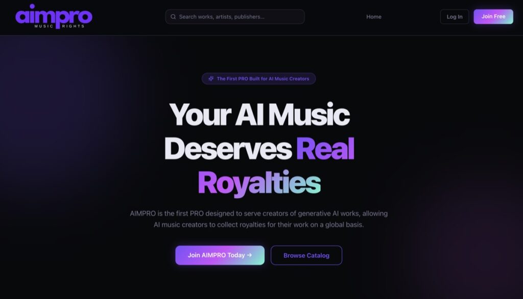 AIMPRO homepage — "Your AI Music Deserves Real Royalties" — the first PRO built for AI music creators.
