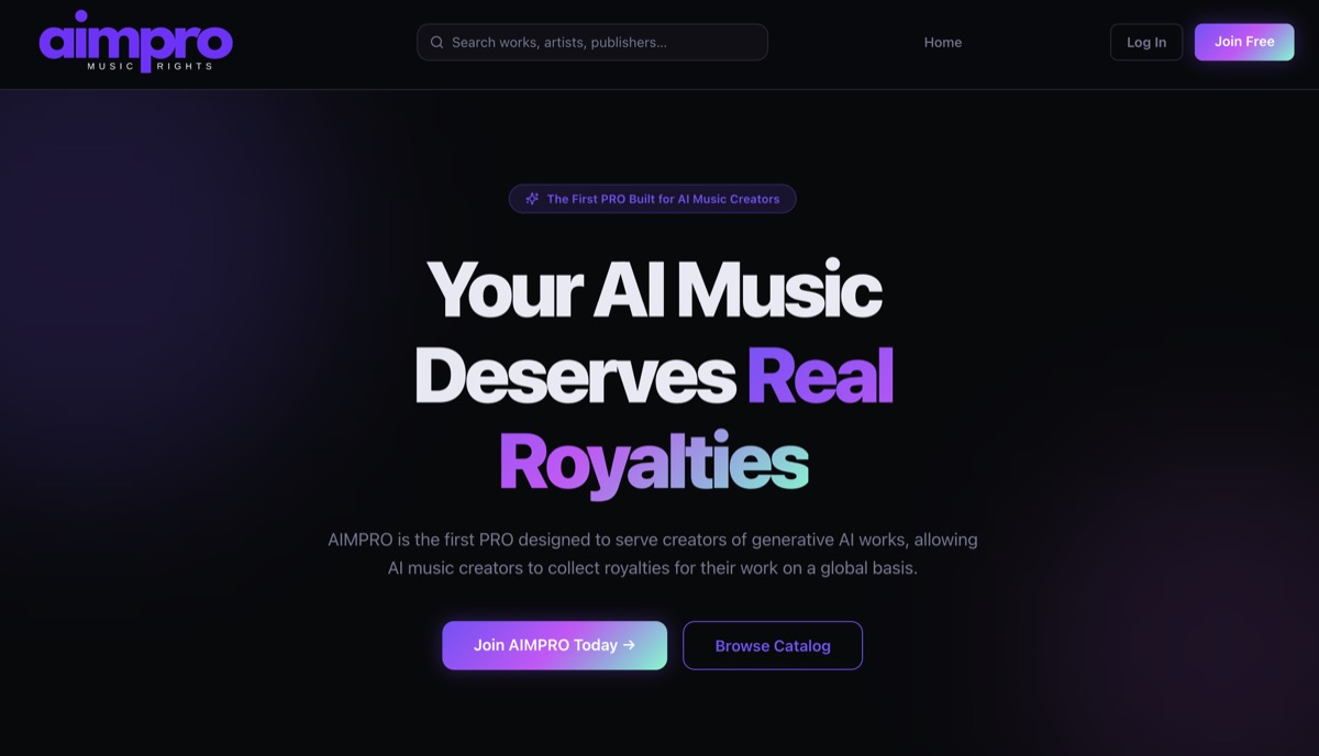 AIMPRO homepage — "Your AI Music Deserves Real Royalties" — the first PRO built for AI music creators.